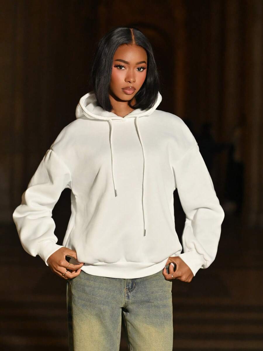 Mima John Casual Minimalist Printed Pattern Hooded Long Sleeve Loose Women Thick Sweatshirt, Autumn/Winter,Long Sleeve Tops Hoodie - White - View 1