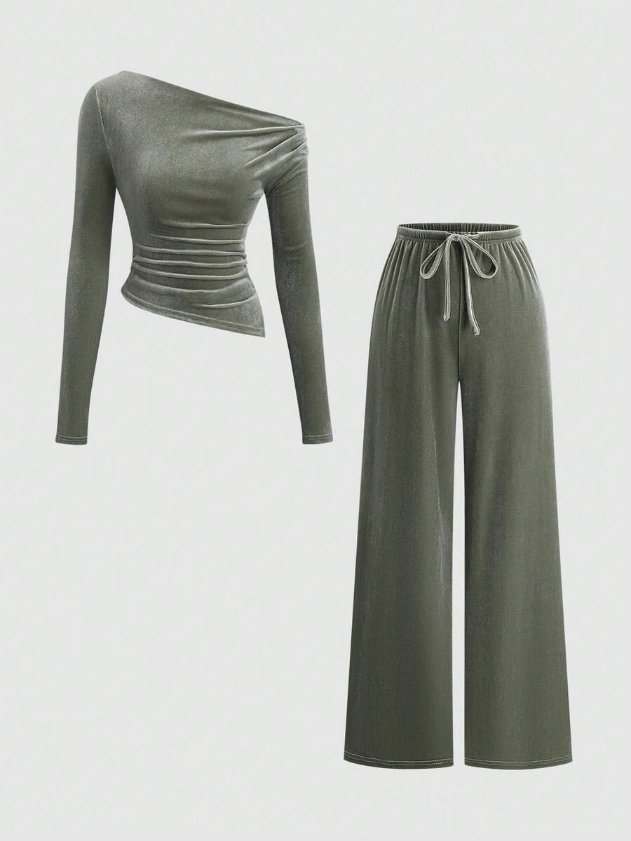 Sweetra 女士秋冬新款时尚百搭柔软丝绒两件套，棕色不对称荷叶边长袖上衣和高腰宽松阔腿裤套装 - 橄欖綠 - 查看 1