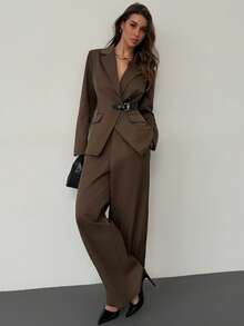 Islaluna Women's Casual Commuter Button-Up Waist Blazer And Pants Suit Set, Autumn - Coffee Brown - View 3
