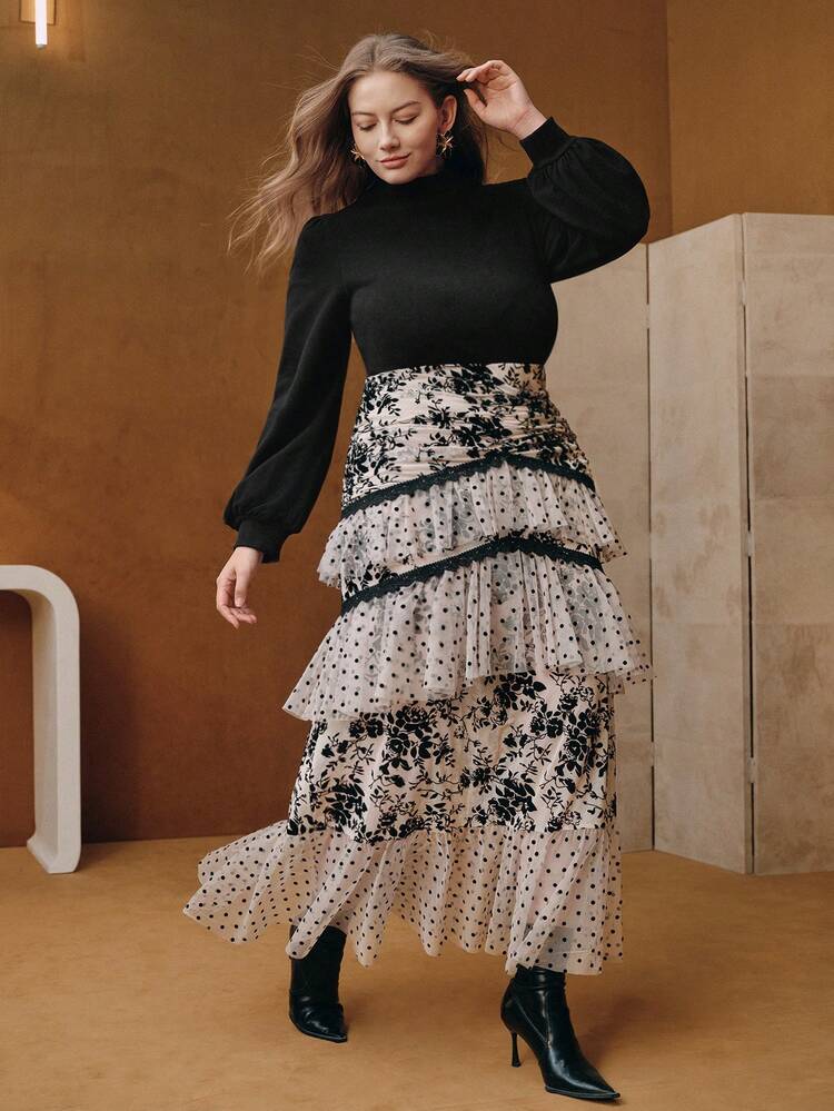 Women's New Mesh Layered Dress, Elegant Long Black And Apricot Color Dress