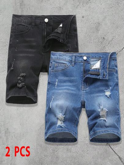 青少年男童时尚休闲 Y2K 复古酷炫街头风蓝黑弹力镂空紧身牛仔短裤两件套，适合儿童日常穿着、春夏派对、节日和街头服饰。