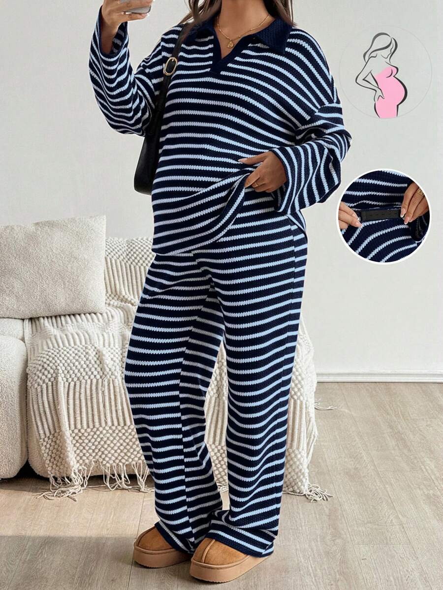 SHEIN 两件套孕妇休闲通勤套装 - 撞色条纹印花宽松落肩T恤和可调节腰围直筒裤套装,春秋季 - 藍色 - 查看 1
