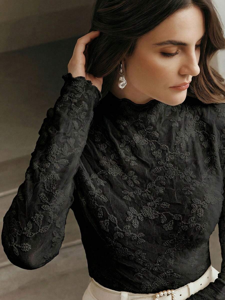 Anewsta Women's Mandarin Collar Fitted Pleated Lace Blouse, Versatile Long Sleeve White Undershirt - Black - View 1