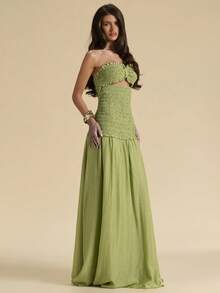SHEIN BAE Đầm maxi dài màu xanh lá cây trơn không tay, khoét lỗ, ôm sát, co giãn, thanh lịch, xếp nếp, thích hợp cho bữa trưa, đi chơi, kỳ nghỉ biển. - màu xanh lá - Xem 6