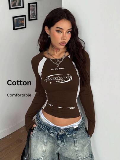 Coolane Women's Winter Streetwear Casual Game Day Back To School Graphics Casual Cotton Color-Blocked Dark Brown Round Neck Long Sleeve Tees