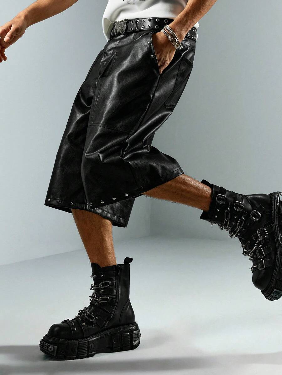 ROMWE MEN Street Life 男士PU面料水钻设计口袋时尚短裤 - 黑色 - 查看 1