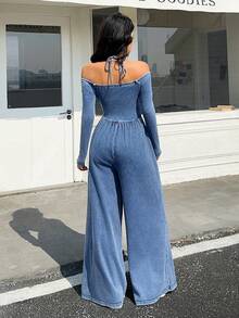 Rivivi Women's Casual Off Shoulder Cinched Waist Wide Leg Denim Jumpsuit, Autumn - Blue - View 2