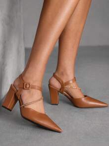 CUCCOO SZL Women's Pointed Toe Chunky Heel Ankle Strap Rhinestone Embellished Pumps, Brown, Classic Elegant Fashion Versatile Slip-On Mule Heels - Brown - View 9