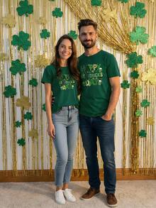 Manfinity Homme Men's Round Neck Short Sleeve Casual Four-Leaf Clover Print T-Shirt, Summer - Green - View 6