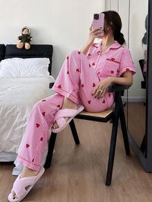 SHEIN Napfluff Sweet Heart Striped Short Sleeve Pajama Set - Pink - View 4
