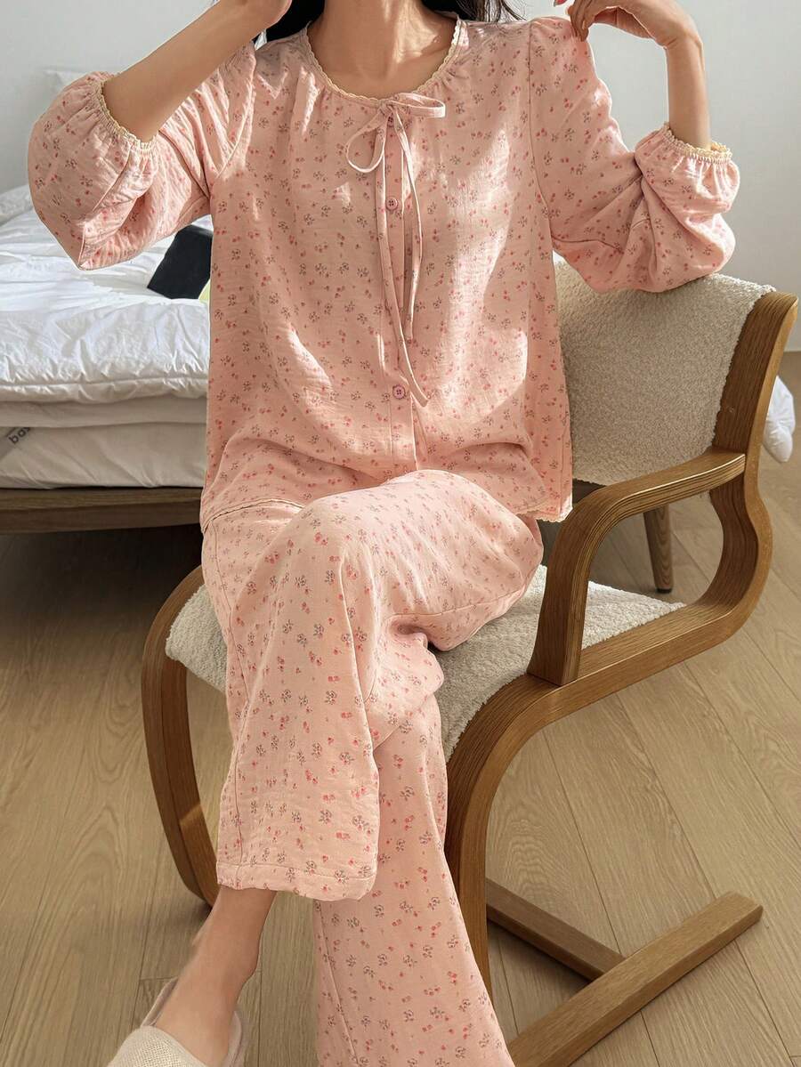 DAZY Sweet Ditsy Floral Tie Collar Women Pajama Set - Pink - View 1