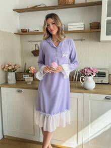 Snug Reverie Camisón de mujer con bolsillo, bordado romántico de lazo y ribete de volantes en contraste de color - Lila Púrpura - Ver 4