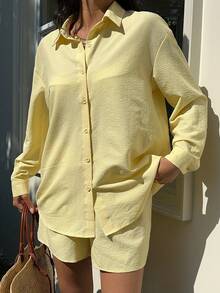 SHEIN EZwear Summer Outfits  Women's Casual Simple Yellow Woven Button-Front Shirt And Shorts 2 Pieces Set, Summer - Yellow - View 8