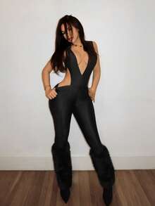 Slaydiva New Elegant & Sexy Deep V Black Jumpsuit, Suitable For Party, Birthday, Cocktail, Valentine's Day, Halloween, Christmas Occasions - Black - View 2