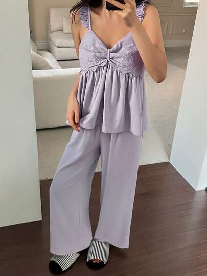 DAZY Women's Sleepwear Set With Bow Decor, Ruffle Strap Camisole And Long Pants