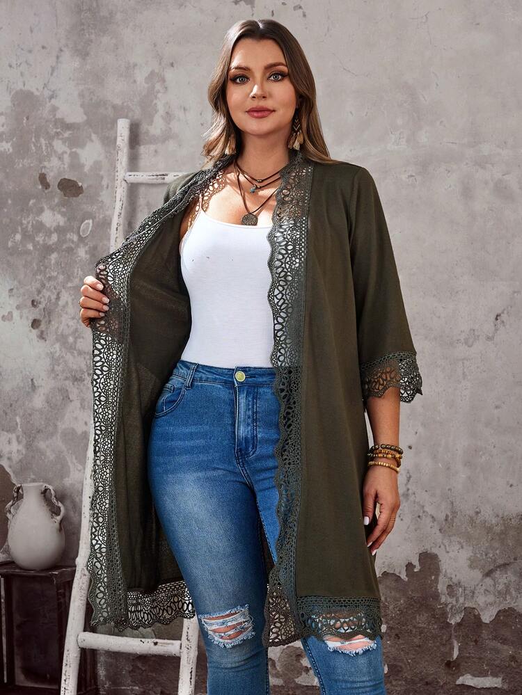 Plus Size Casual Patchwork Lace Front Open Cardigan,Summer/Spring/Vacation Country Style For Women Summer Holiday Outfits Spring Break Outfits Boho Kimono Summer Cardigan Plus Size