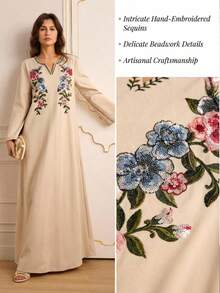 Lilora Women's Elegant Floral Sequin V-Neck Long Sleeve Loose Long Dress Romantic, Elegant, And Suitable For Commuting Sequin Embroidered Long Dress Embroidered Dress Floral Applique Dress Modest Tops For Women Women's Sophisticated And Elegant Outfits Beige Dress For Women Arabic Style Abayas Dubai Luxury Abaya For Women Dubai - Khaki - View 2