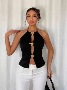 Rafferiza Women's Halter Seashell & Starfish Metal Buckle Hollow Out Sleeveless Fitted Sexy Music Festival Beach Vacation Casual Party Fashion Tank Top - Black - View 7