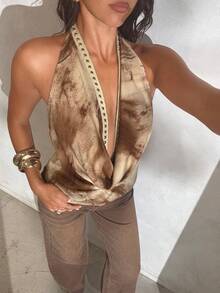 Aloruh Women's Fashion Sexy Tie-Dye Print Plunging Neck Backless Halter Top - Khaki - View 7