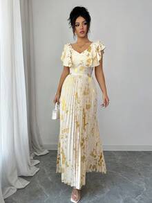 Elenzga Elegant Romantic V-Neck Ruffle Waist A-Line Dress For Women, Spring/Summer - Apricot - View 5