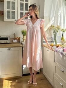 Snug Reverie Textured Jacquard Pom Pom Contrast Color Lace Patchwork V-Neck Ruffle Sleeve Single-Breasted Long Nightgown - Baby Pink - View 6