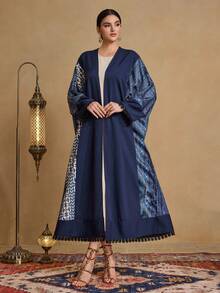 Al Najma Women's Navy Blue Vintage Floral Contrast Lace Trim Long Cardigan Abaya - Multicolor - View 3