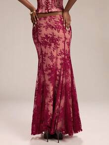 SHEIN BAE Women's Elegant Lace Mermaid Hem Skirt, ,Suitable For Wedding Season, Graduation Season, Night Out, Party Activities, Travel, Party Festivals,Women's Elegant Skirt,Red Skirt - Red - View 2