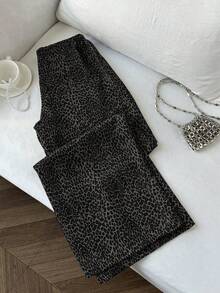 Elamini 新款复古时尚细款豹纹黑色阔腿裤，抽绳松紧腰显瘦直筒裤，休闲百搭，返校季必备