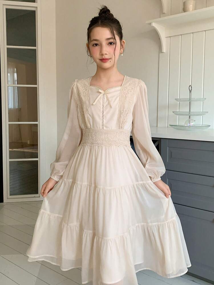 Tween Girl Elegant Contrast Lace Mesh Lantern Sleeve Dress, Autumn