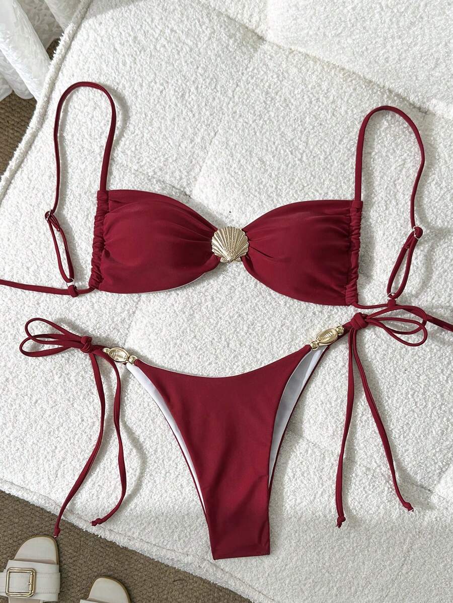 Swim Chiccia Bộ bikini mùa hè cho nữ, màu trơn, không gọng, họa tiết vỏ sò, áo bơi và quần bơi buộc dây bên hông. - Màu Đỏ Sâu - Xem 1