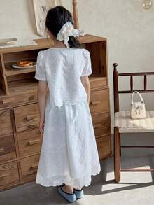 DAZY 少女刺绣贴花单排扣短袖衬衫上衣和迷你裙度假套装 - 白色 - 查看 6