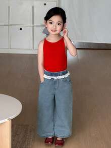 DAZY 少女弹力腰心形贴片蕾丝拼接休闲百搭日常阔腿牛仔裤 - 藍色 - 查看 3