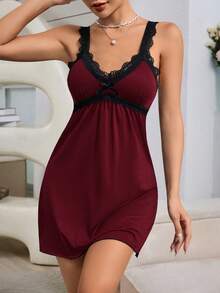 SHEIN Women Lace Trim Spaghetti Strap Backless Design Elegant Nightgown - Burgundy - View 4