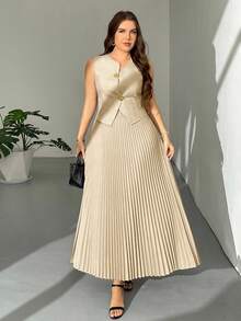 Firerie 大码优雅通勤纯色背心百褶裙两件套，夏季 - 杏色 - 查看 6