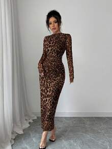 SHEIN Tall Women's Brown Leopard Print Elastic Mesh Ruched Bodycon Dress, Fashionable And Elegant For Spring/Summer - Brown - View 3