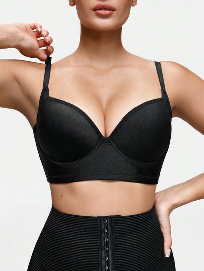SHAPORA 1 st svart glansig vadderad push up-bh med bygel och sidostöd för kvinnor med liten byst