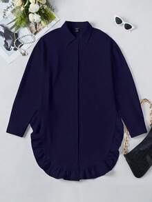Chiquease Camisa de manga larga con volantes y bajo curvo de unicolor simple para uso diario y casual de mujer, primavera/otoño - Azul Marino - Ver 7