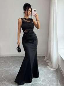 Rafferiza Vestido elegante y sexy de cola de pez con cuello redondo, parche de encaje y volantes en el bajo para mujeres - Negro - Ver 6