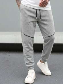 RueChic Men Contrast Binding Drawstring Waist Joggers - Grey - View 3