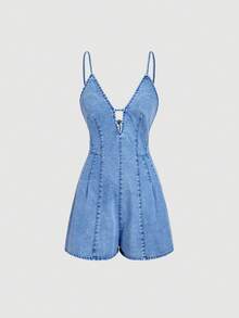 Sweetra Women's Deep V-Neck Back Zipper Design Denim Romper - Blue - View 5