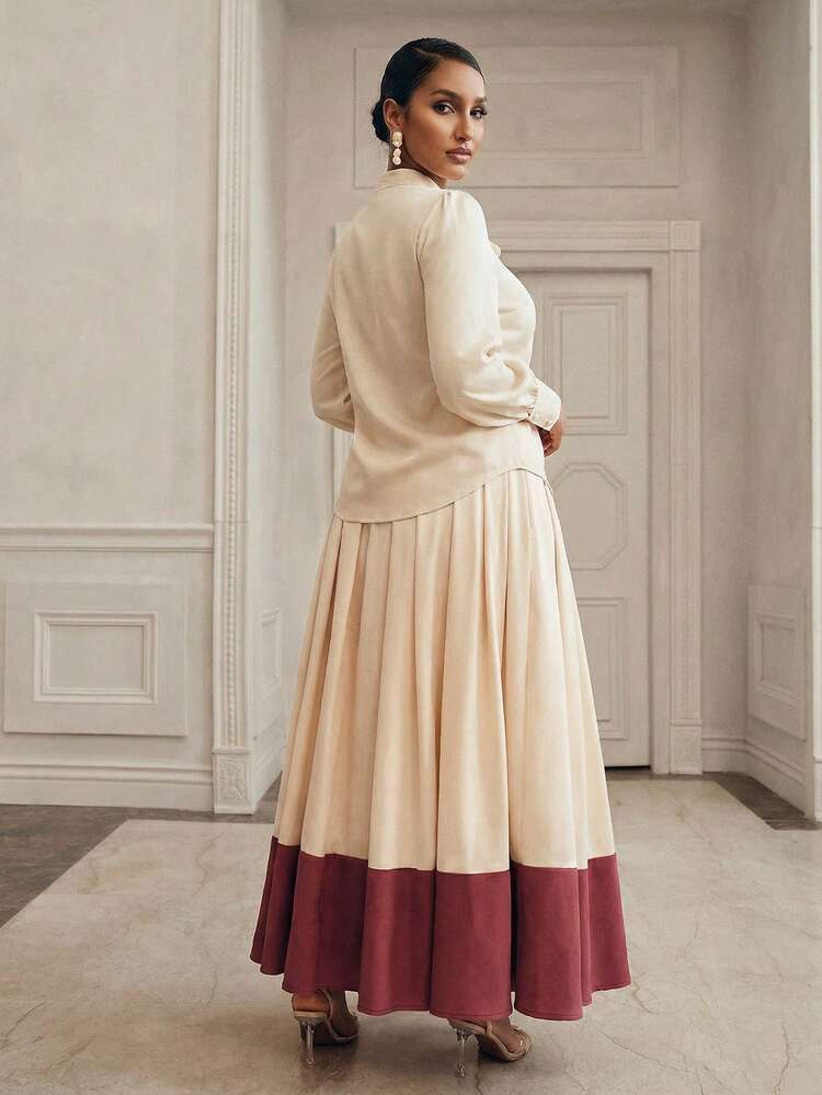 Women's Elegant Puff Sleeve Shirt & Colorblock Flared Skirt 2 Pieces Set, Apricot