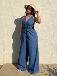 Sunnyshic Sexy Sleeveless V-Neck Loose Denim Jumpsuit - Blue - View 3