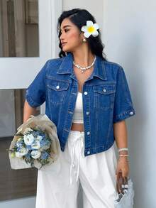 Sunnyshic Summer New Washed Loose Denim Short Sleeve Jacket - Blue - View 5
