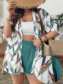 SHEIN VCAY 休闲复古树叶印花宽松加大码女式衬衫短裤两件套，适合夏季穿着 - 彩色 - 查看 4