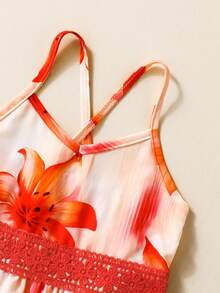 SHEIN Sparklyn Gaun Anak Perempuan Motif Bunga Elegan dengan Tali Bahu Berkerut, Cocok untuk Pakaian Kasual, Sehari-hari, dan Liburan, Warna Oranye Musim Semi/Panas - Jeruk - View 6