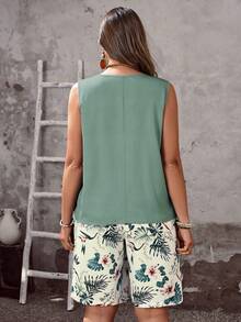 EMERY ROSE Plus Size Solid Color Round Neck Sleeveless Loose Casual 2 Pieces Set, Summer\Vacation Women's Summer Two-Piece Sets Summer Outfits Summer Clothes  Spring  Spring Outfit Women Spring Clothes Country Style For Women - Green - View 2