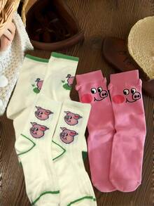 Joivida 秋冬季趣味卡通小猪可爱中筒袜，舒适保暖动物图案新奇袜子，女士女孩柔软船袜，送礼佳品，潮流时尚袜子，卡哇伊设计，舒适弹力袜 - 彩色 - 查看 6