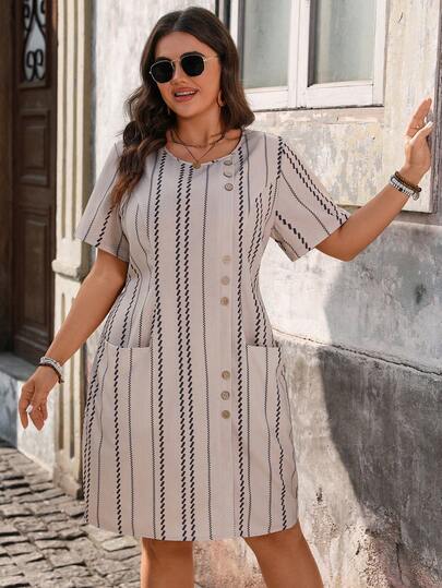 EMERY ROSE 大码女式竖条纹领纽扣圆领短袖口袋休闲连衣裙