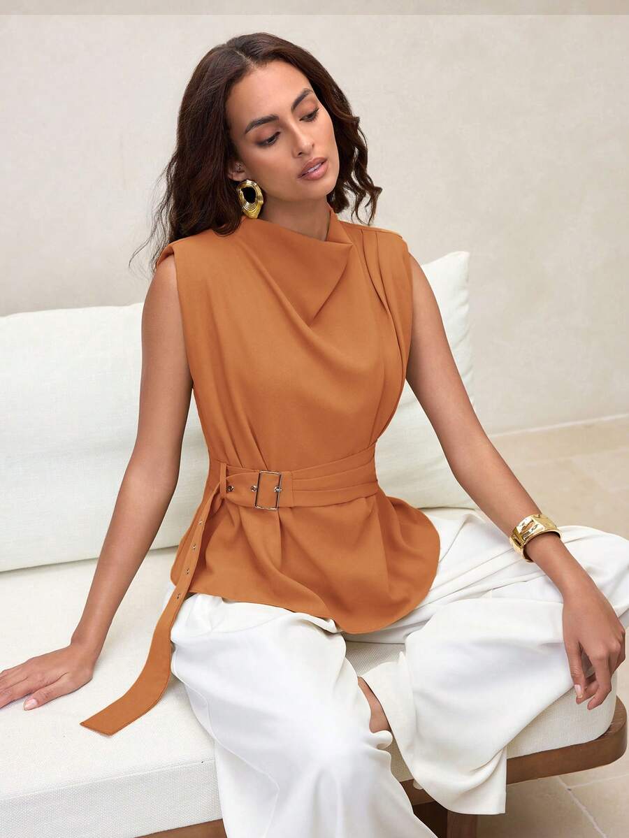 Aveloria Modichic Women's Fashion High Collar Asymmetric Gathered Shoulder Sleeveless Mustard Yellow Blouse Shirt With Adjustable Waist - Orange - View 1