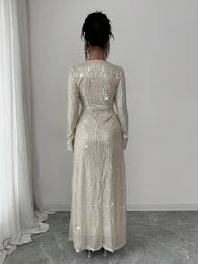 Elenzga Đầm dài tay cổ chữ V đính sequin sang trọng, thanh lịch dành cho nữ, màu vàng sâm panh, thích hợp cho các bữa tối trang trọng và tiệc tùng. - Rượu sâm banh - Xem 2